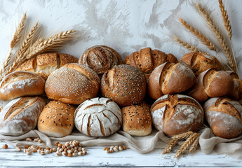Different types of bread on wooden table
