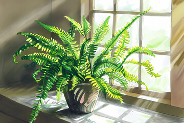 Boston Fern plant (Colored Pencil) - Tropical regions - Lush foliage, thrives in high humidity - A lush Boston Fern, nestled gracefully within a pot, brings a touch of vibrant greenery