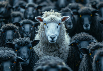 White sheep stands out in herd of black sheep