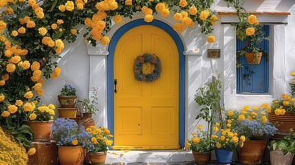 A vibrant and welcoming entrance. The bright yellow door is the focal point, surrounded by a...
