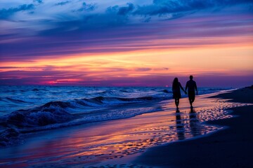 Romantic Sunset Beach Walk with Silhouette of Couple