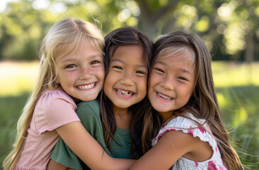 Three girls, one white and two of Asian descent aged between five to seven years old, were in the park hugging each other while smiling at the camera