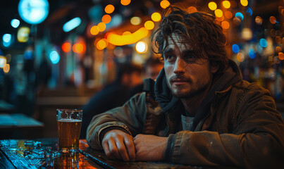 Sad man is sitting alone in bar with glass of beer.