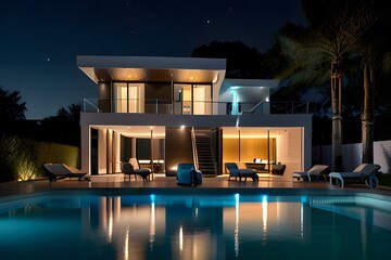 Modern villa with a luxurious swimming pool illuminated at night, stylish architectural design perfect for real estate and vacation ideas