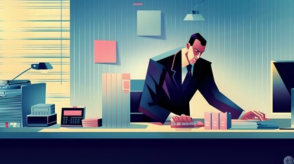Fototapeta premium Detailed illustration of a Financial Officer in the workplace with spreadsheets and charts