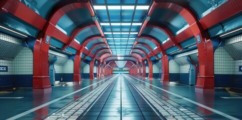 A wide shot of the interior of an old London tube station, retro red and blue color scheme, art style 3d render