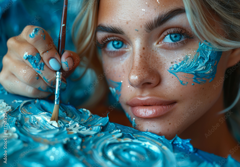 Wall mural Close-up portrait of beautiful young woman with blue paint on her face and body.