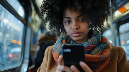 Female mixed race hand scrolling on her phone on the subway in New York. Generative AI.