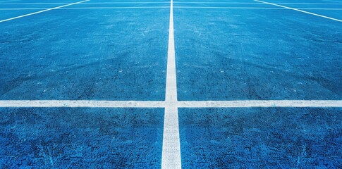 Abstract blue tennis court background with white lines. The texture of the asphalt, paint and concrete floor