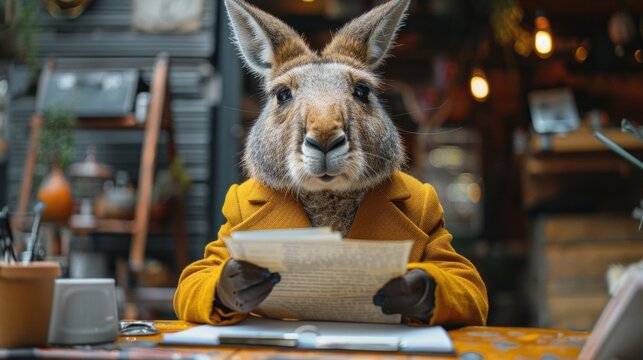 An HR manager in a kangaroo costume conducting an interview in a professional setting