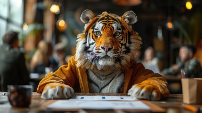 A businessman in a tiger costume presenting a growth chart to colleagues in a conference room