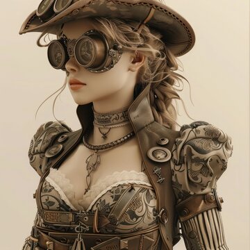 Curvy Woman in Intricate Steampunk Outfit Expresses Adventure and Creativity in Sepia Toned Digital Art