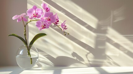 Elegant pink orchids in a glass vase on a textured white wall background showcasing natural beauty...