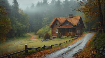 Forest road, European style house, after the rain, foggy forest. Generative AI.