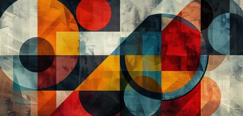 Abstract Background, shapes, Triangles, squares, and circles intersect and interlock, creating a mesmerizing tapestry of form and color. 