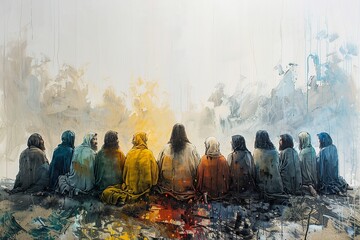 A minimalist illustration featuring Jesus and the 12 disciples, depicted with simple and clean lines to highlight the unity and diversity among the figures