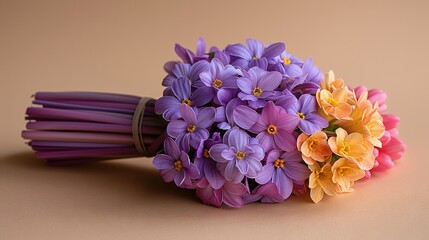   A bouquet of purple and yellow flowers atop a brown table with adjacent purple and yellow flowers