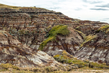 Badlands and fall colours around the town. Drumheller, Alberta, Canada