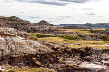 Badlands and fall colours around the town. Drumheller, Alberta, Canada