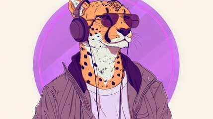   A picture of a cheetah in headphones, facing a purple circle with another purple circle in the background