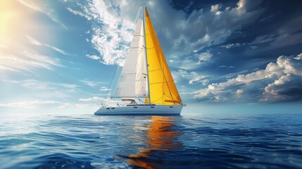 A yellow sailing on the sea, yellow sails, blue sky and white clouds, low angle view. Generative AI.