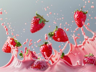 fresh strawberries suspended in mid-air amidst a dramatic splash of pink milk.