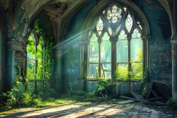 An abandoned gothic room with broken windows, ivy and plants growing through the walls, sunlight streaming in from an arched window, ornate details on the wall paintings, fantasy art style - Powered by Adobe