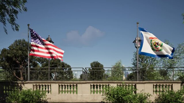 Modellazione 3D di balcone storico con bandiere USA e West Virginia 