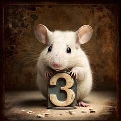 White rat with a wooden number three and pills. Vintage background.
