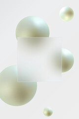 Glass morphism website landing page template. Square banner made of frosted glass with floating spheres.