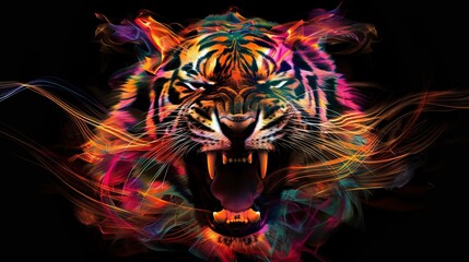 A vibrant, digital art representation of a roaring tiger surrounded by fiery colors