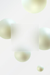 Glass morphism website landing page template. Square banner made of frosted glass with floating spheres.