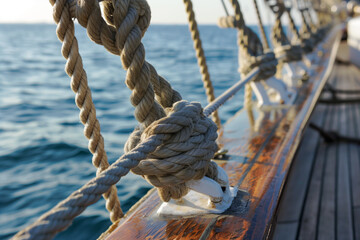 Obraz premium Close up of of the edge and ropes on an old sailing ship, with calm ocean waters in the background. The rope is thickly braided around wooden beams
