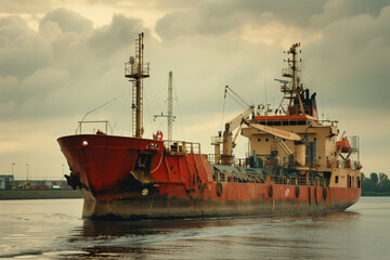Fototapeta premium A large, red ship docked near the shore under a cloudy sky