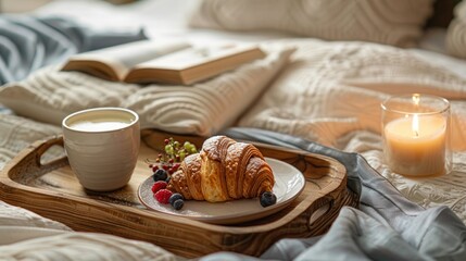 Wooden tray with homemade croissant, fresh fruit, coffee cup for healthy breakfast in cozy bedroom, aroma candles, elevated luxurious morning routine, selfcare everyday ritual. AI generated image