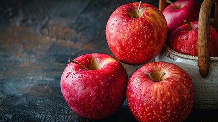   Red apples gathered on black counter, near wooden spoon