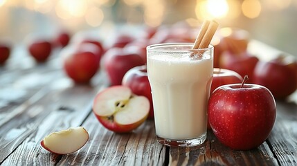   A glass of milk sits beside an apple on a wooden table surrounded by more apples and cinnamon - Powered by Adobe