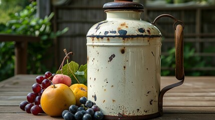   A white jug sits atop a wooden table beside bunches of grapes and oranges