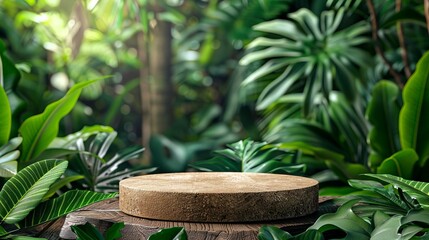 Circular economy concept with a blank product podium, made from recycled materials against a backdrop of lush green foliage, perfect for ecoproduct display