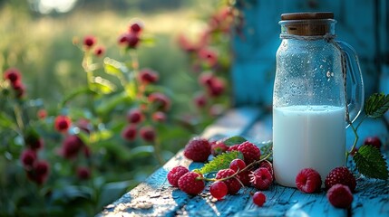  A glass bottle filled with milk sits next to freshly picked raspberries on a wooden table, while a glass of milk rests atop it - Powered by Adobe