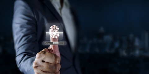 Biometric security systems, Men use a thumb finger to access data on a visual screen, cyber...