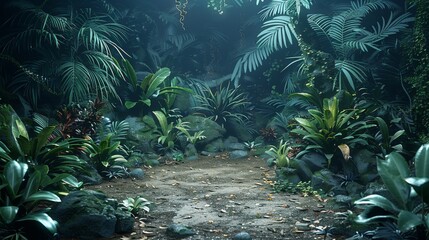 A dark tropical jungle with various carnivorous hostile plants and flora, ashen color floor and dense foliage in the background. Empty centrally lit clearing. Generative AI. © visoot