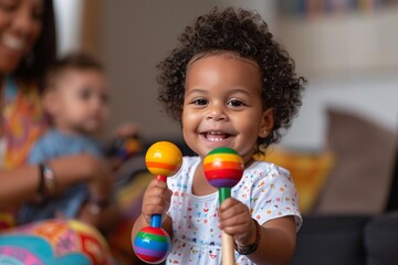 A baby happily playing with vibrant maracas on the floor of a cozy living room