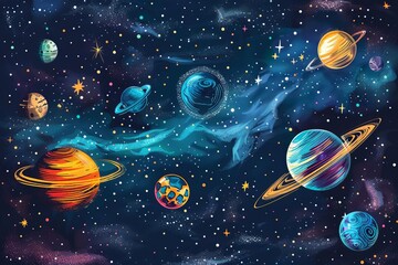 Heavenly bodies flat design side view cosmic order theme cartoon drawing Colored pastel