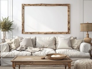 Blank photo frame mockup in bright interior with sunlight and shadows from the window on the wall. 3D rendering.
