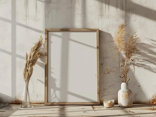 A mockup of a wooden frame on a wall. There are some pampas grass and a vase on the floor beside the frame. The background is a warm, neutral color.