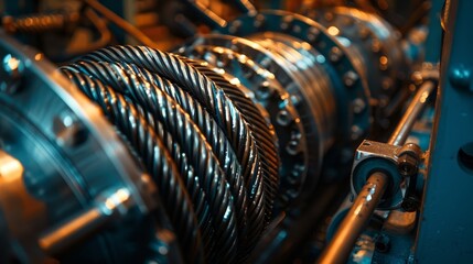 A dynamic close-up of an industrial machine winding thick cables and wires, showcasing the intricate texture and metallic sheen under artificial lighting
