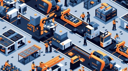 Obraz premium A dynamic scene inside an electronics manufacturing plant, highlighting the collaboration between human workers and automation technology