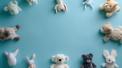 Frame of various plush animals on a blue background