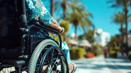 Elderly Person in Wheelchair, tropical Outdoors with palms